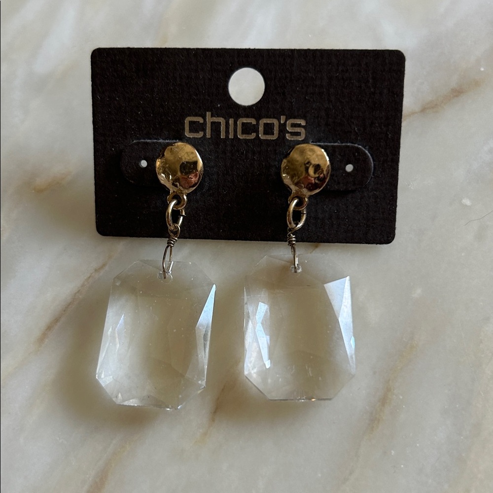 Chico’s Womens Tia Hammered Gold Tone Stud w/Faceted Glass Prism Drop Earrings‎